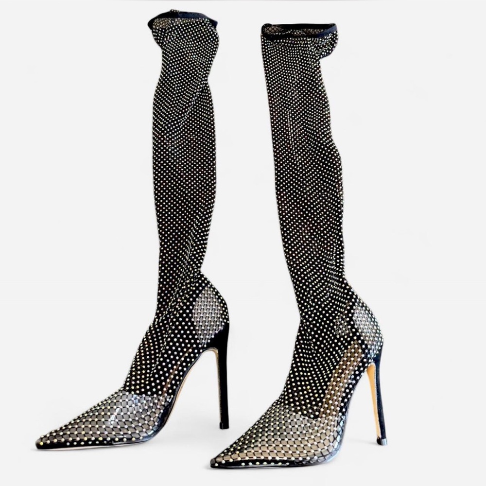 Rhinestone Mesh Thigh-High Boots - Brand New